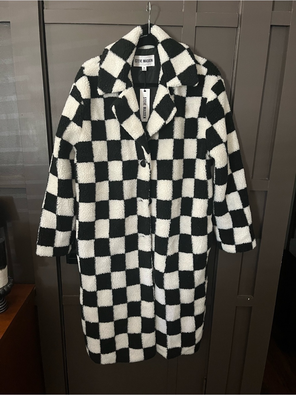 Steve Madden Black & White Checkered Teddy Coat New Size Medium